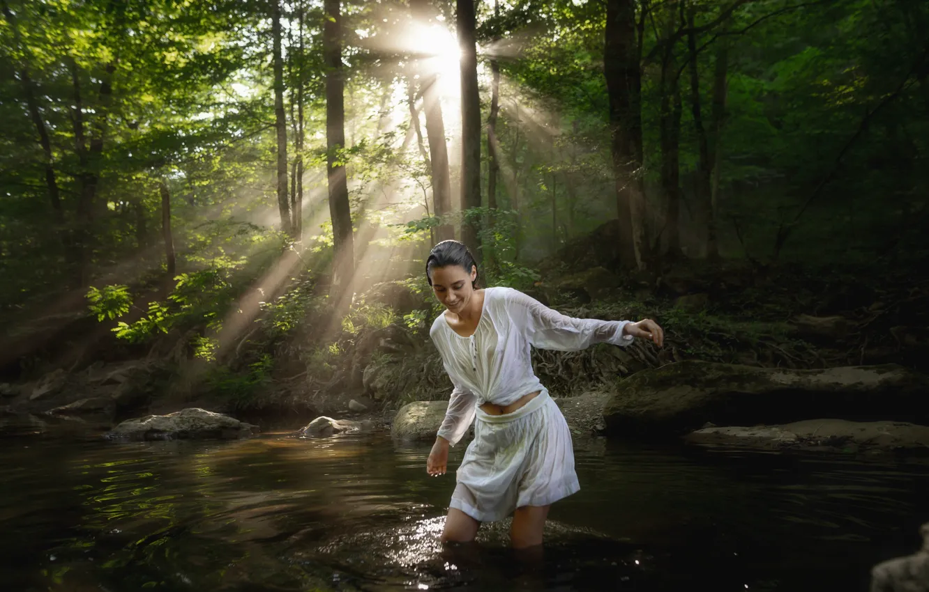 Photo wallpaper forest, girl, nature, pose, river, mood, wet, Andrey Vasilyev
