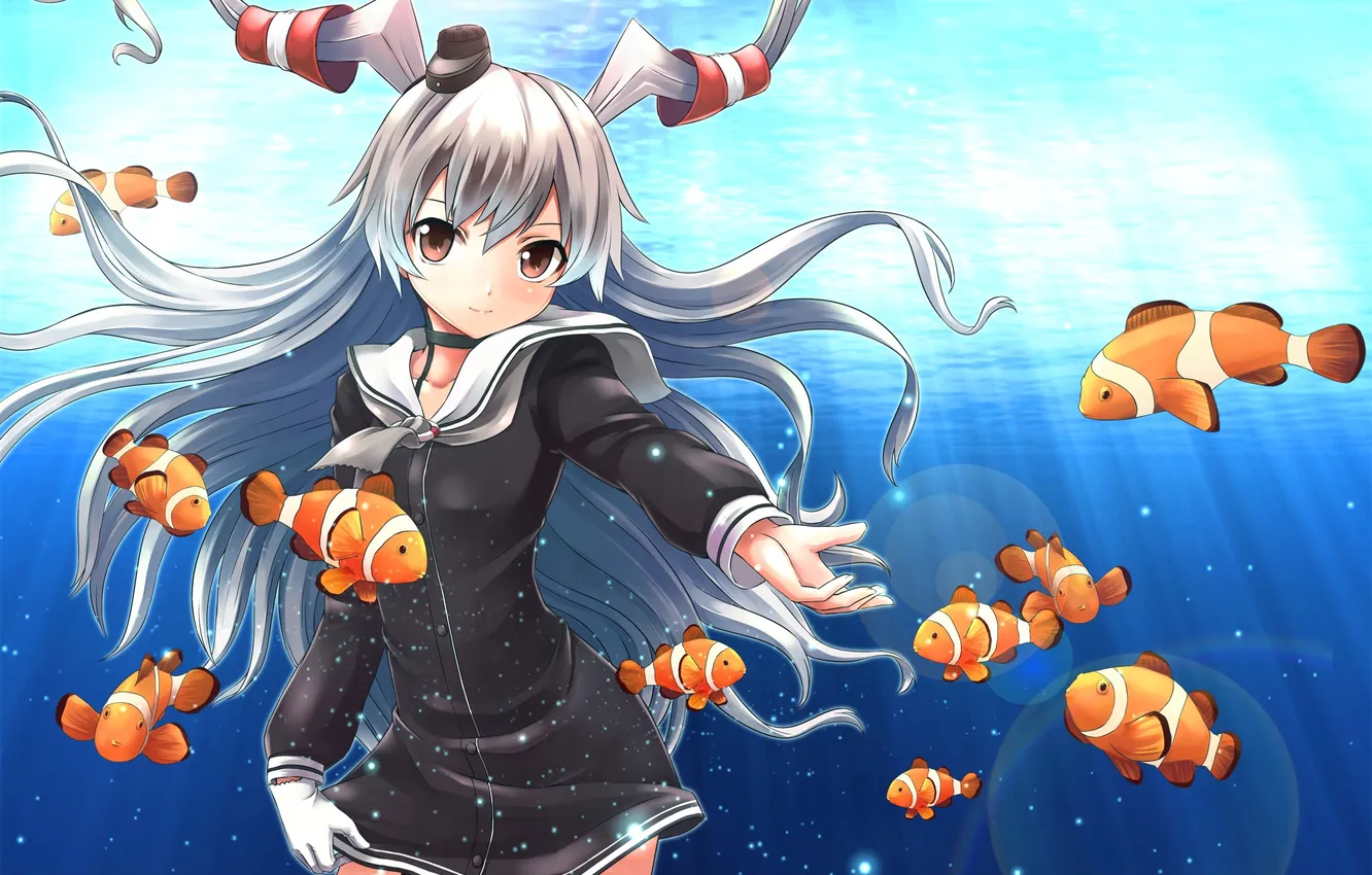Photo wallpaper sea, look, girl, fish, smile, gesture, art, kantai collection