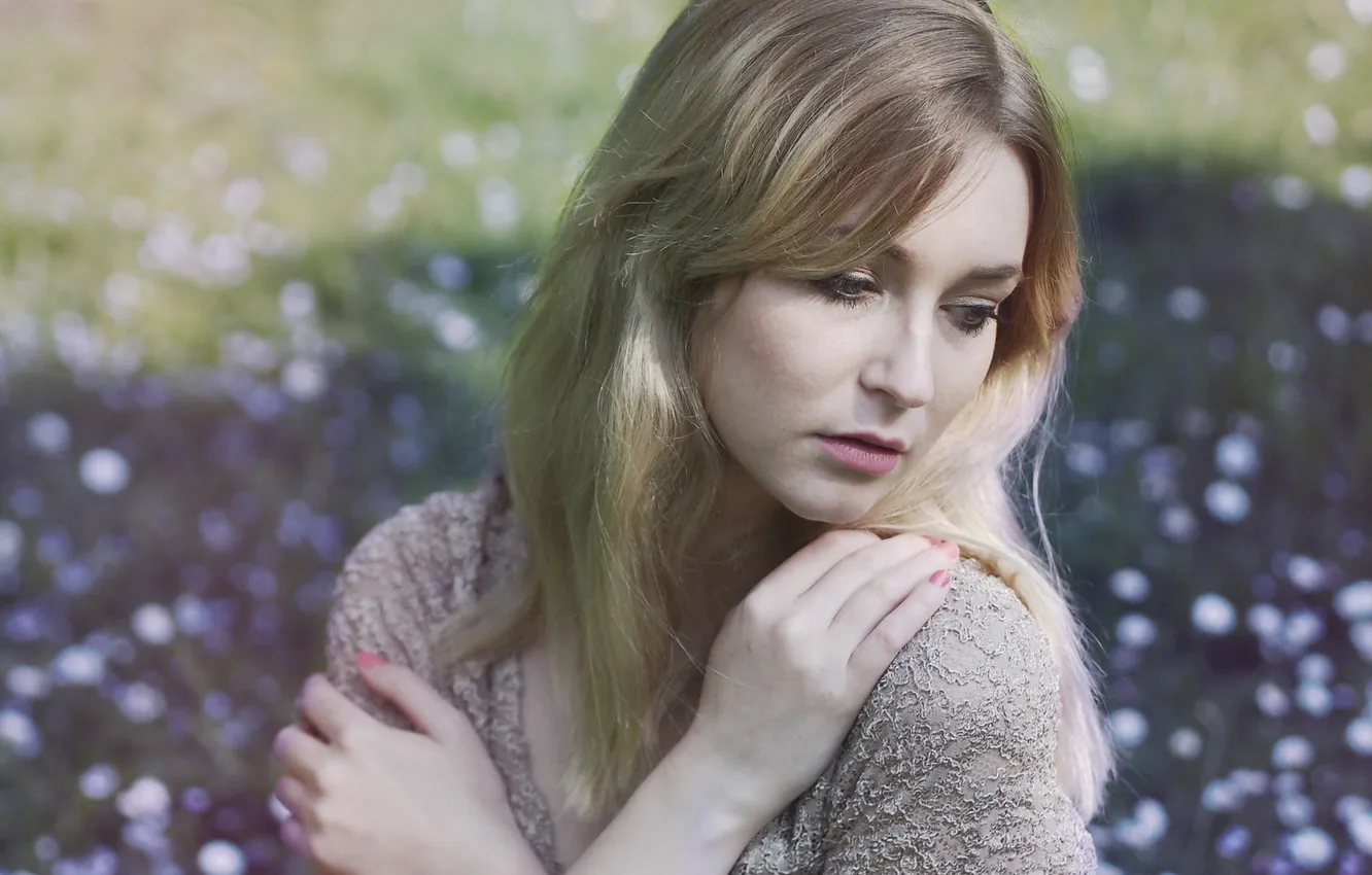 Photo wallpaper girl, sadness, blonde, bokeh