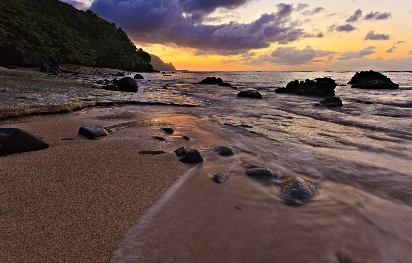 Photo wallpaper sand, sea, clouds, stones, the evening, surf