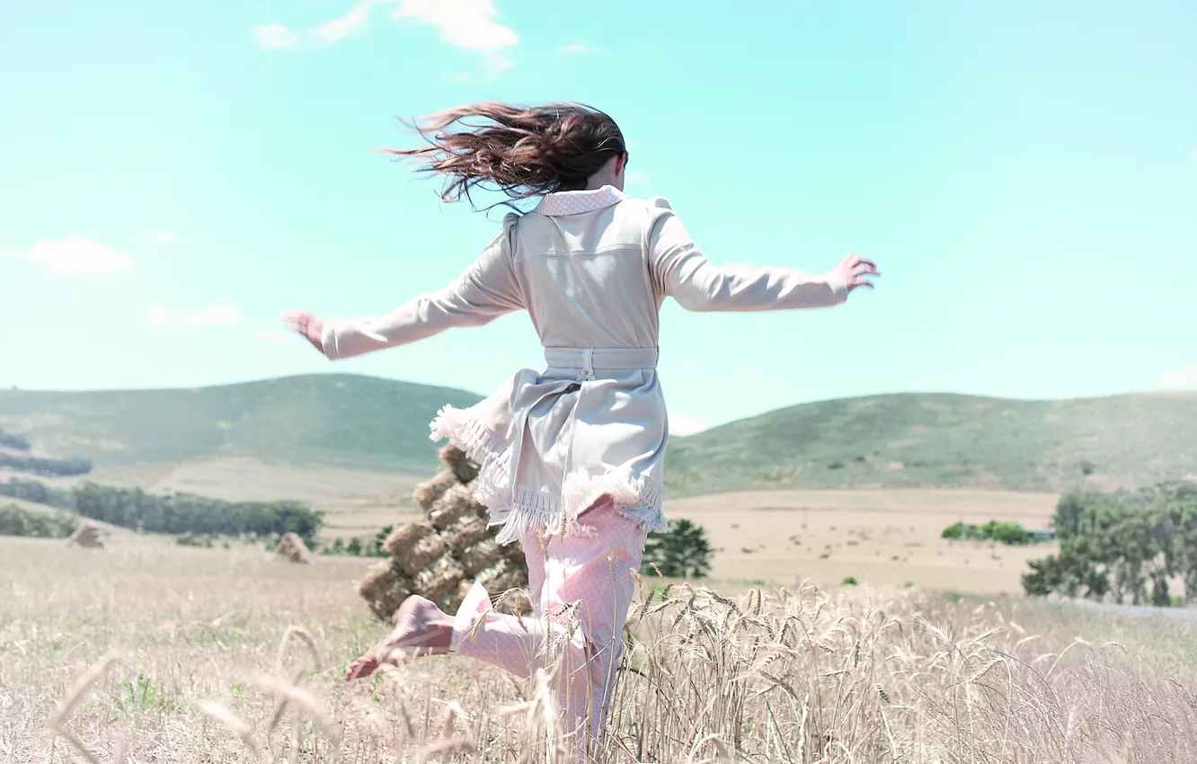 Photo wallpaper field, summer, girl, landscape, mountains, nature, mood, Wallpaper