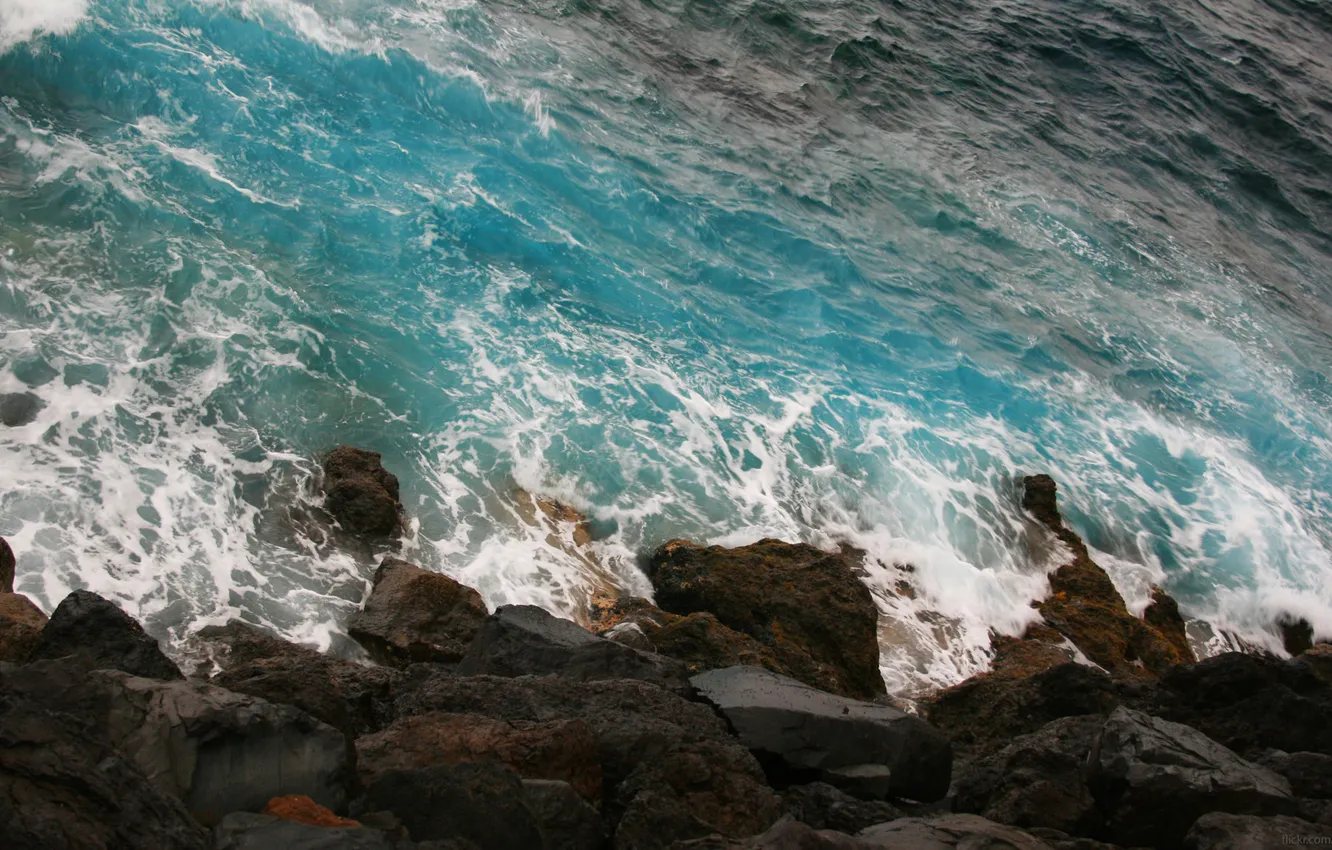 Photo wallpaper wave, water, stones, the ocean, rocks, coast, waterfall