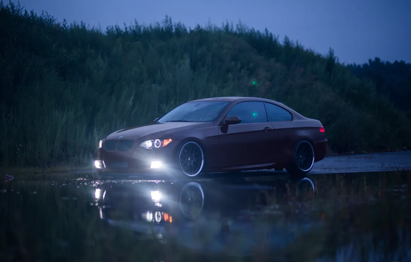 Photo wallpaper red, bmw, BMW, red, 335i, headlights, e92, puddle reflection