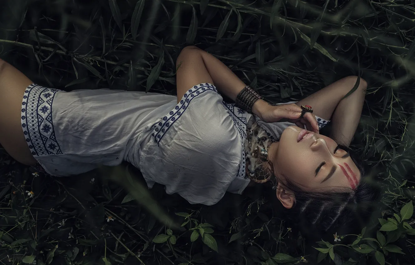 Photo wallpaper grass, girl, face, model, hair, lies, Asian, paint