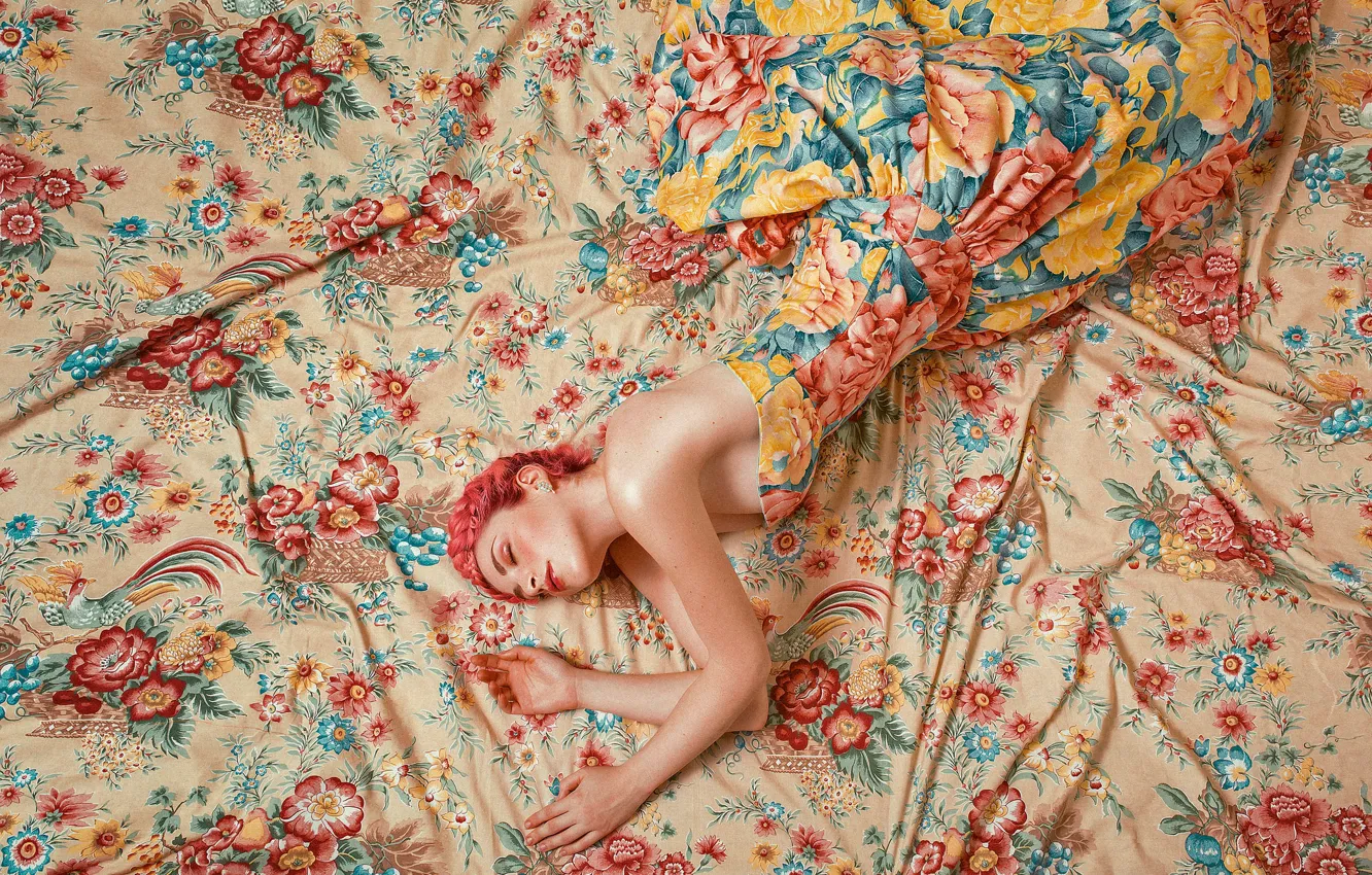 Photo wallpaper girl, flowers, pose, style, matter, hands, dress, fabric