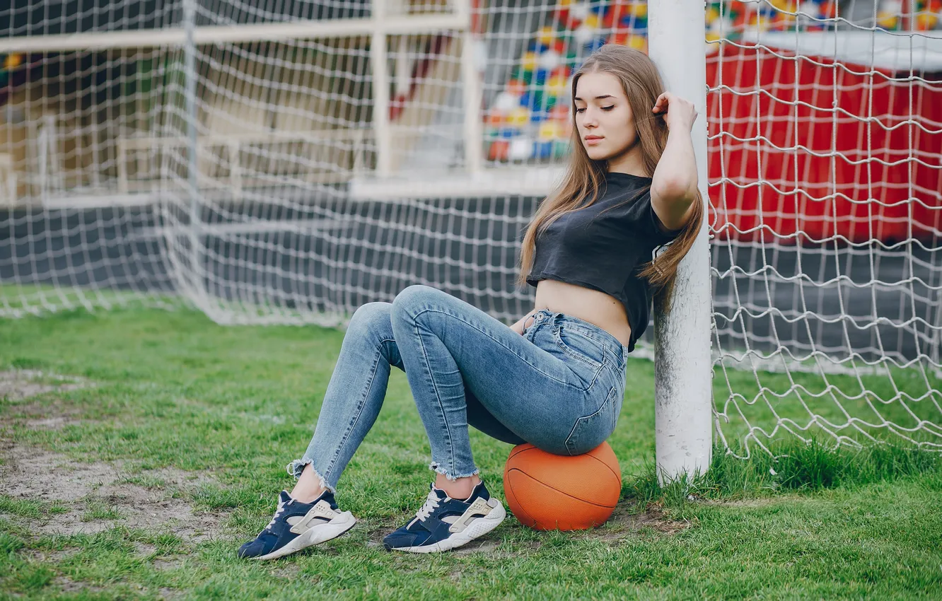 Photo wallpaper girl, jeans, ball, cute, sneakers, tank top