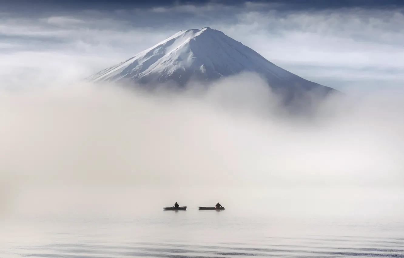 Photo wallpaper mountains, fog, boat, people