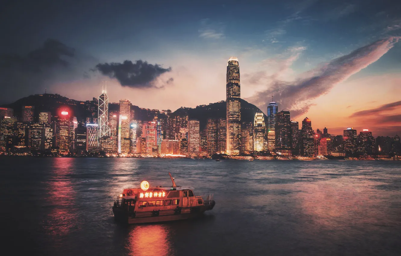 Photo wallpaper city, lights, night, Hong Kong, skyscrapers, Victoria