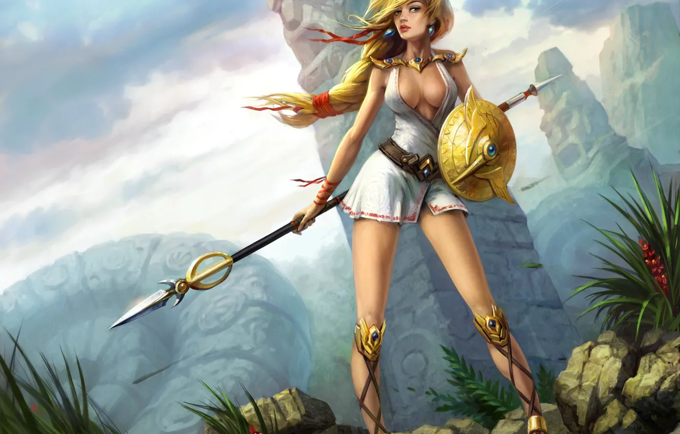 Photo wallpaper girl, mountains, stones, the wind, statue, spear, shield, Amazon