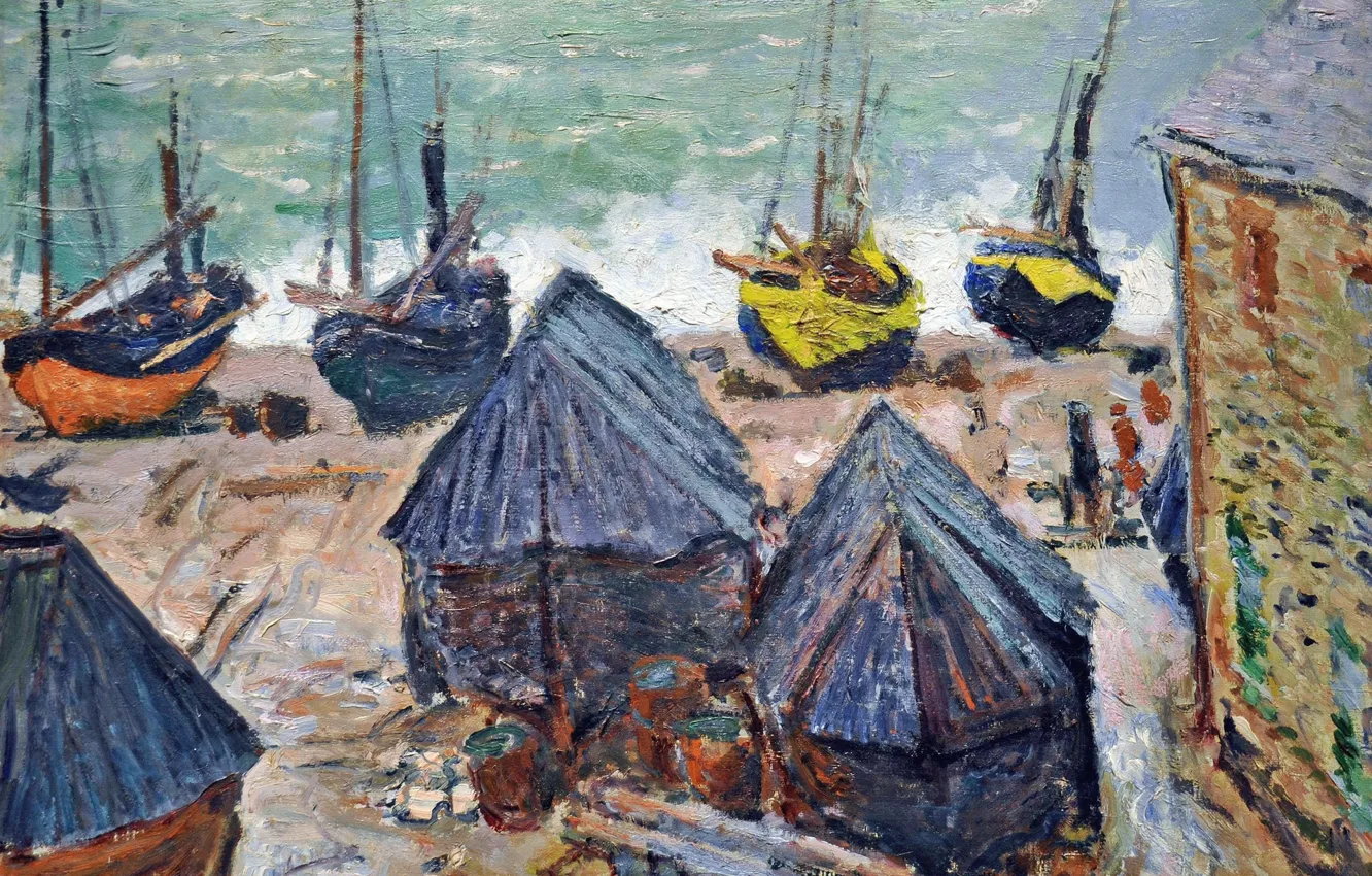 Photo wallpaper landscape, picture, Claude Monet, Boats on the Beach in Étretat