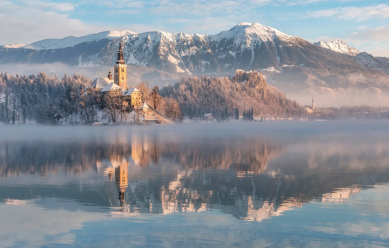 Photo wallpaper winter, mountains, lake, reflection, Church, Slovenia, Lake Bled, Slovenia
