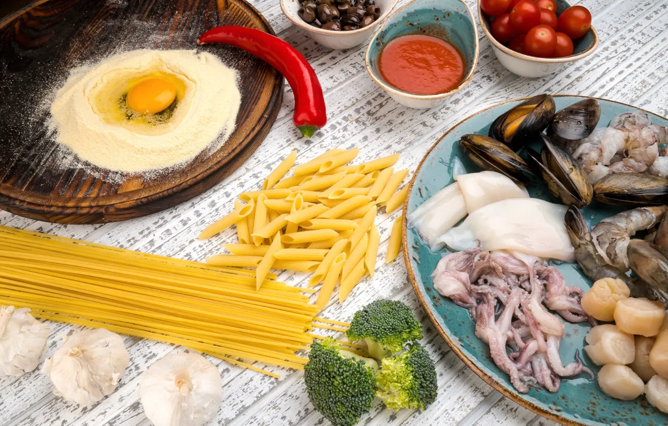 Photo wallpaper seafood, pasta, pasta, eggs