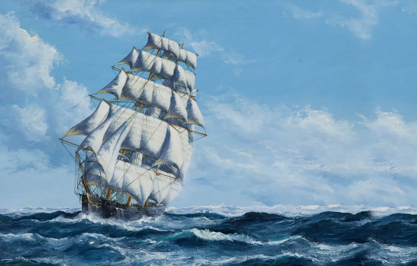 Photo wallpaper The sky, Sea, Figure, Ship, Sailboat, Sails, Painting