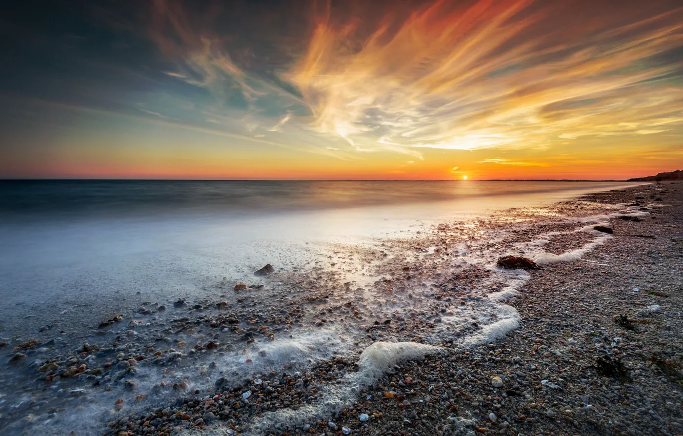Photo wallpaper sea, beach, foam, sunset, pebbles, stones