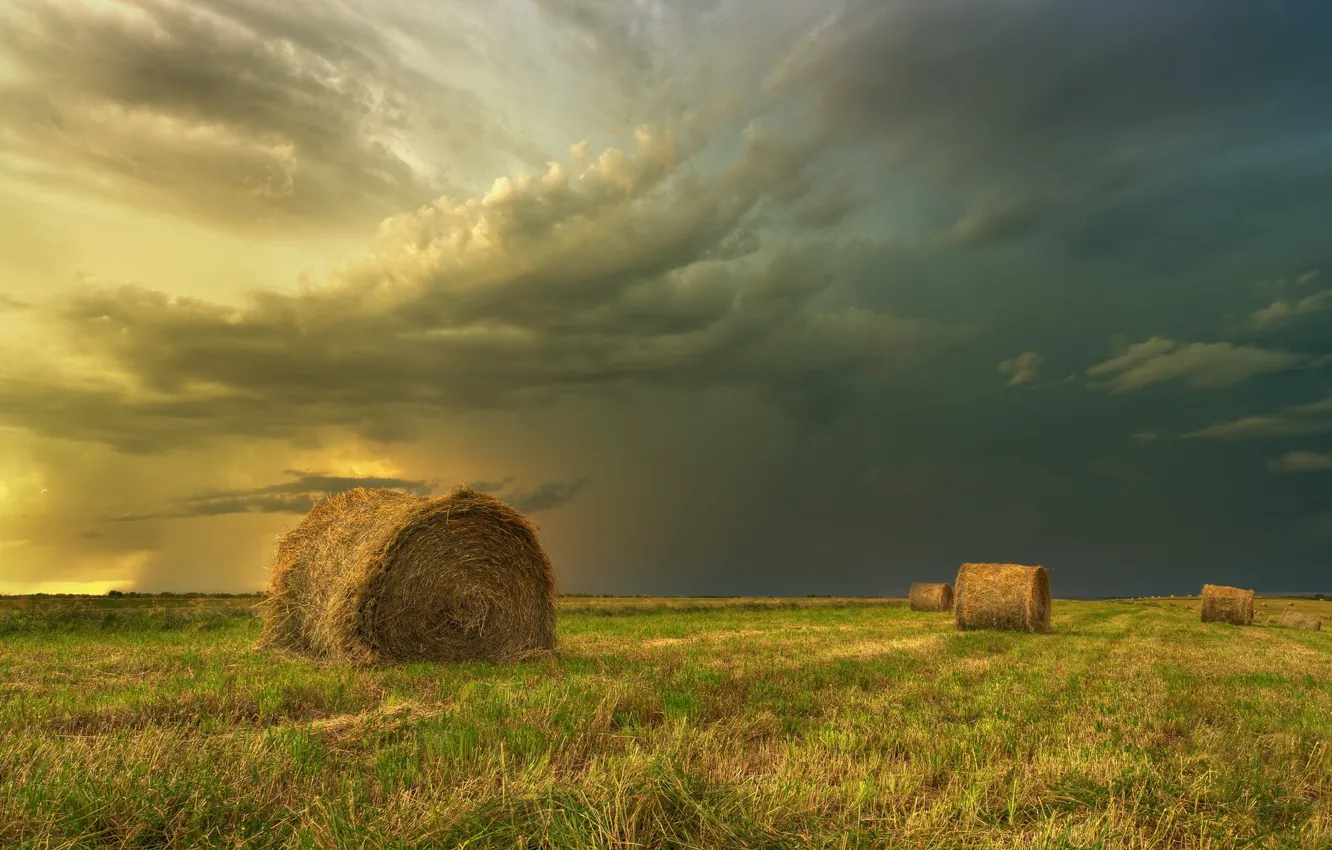 Photo wallpaper field, landscape, clouds, nature, beauty, hay, bales