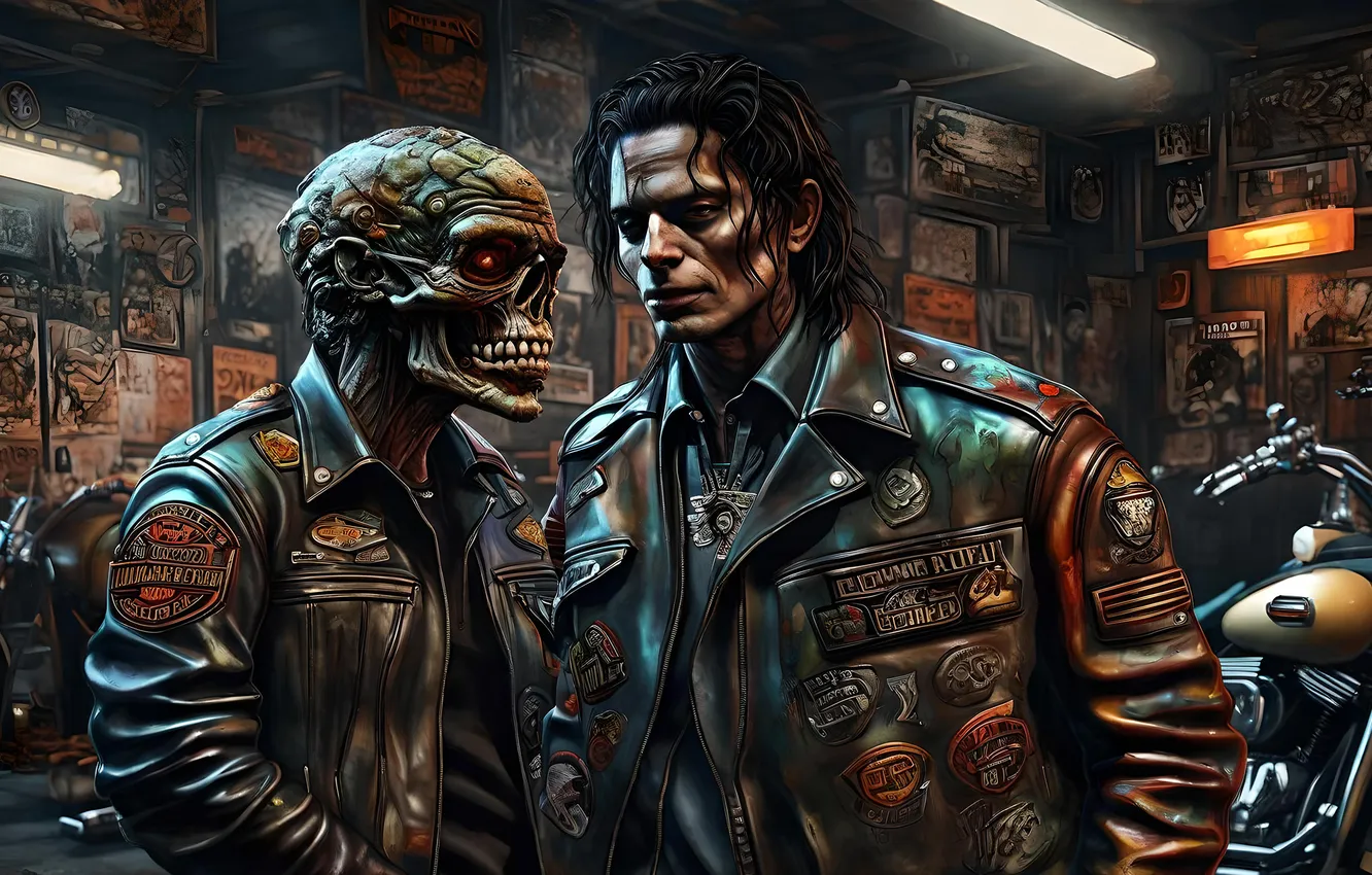 Photo wallpaper leather jackets, skeleton, male, guy