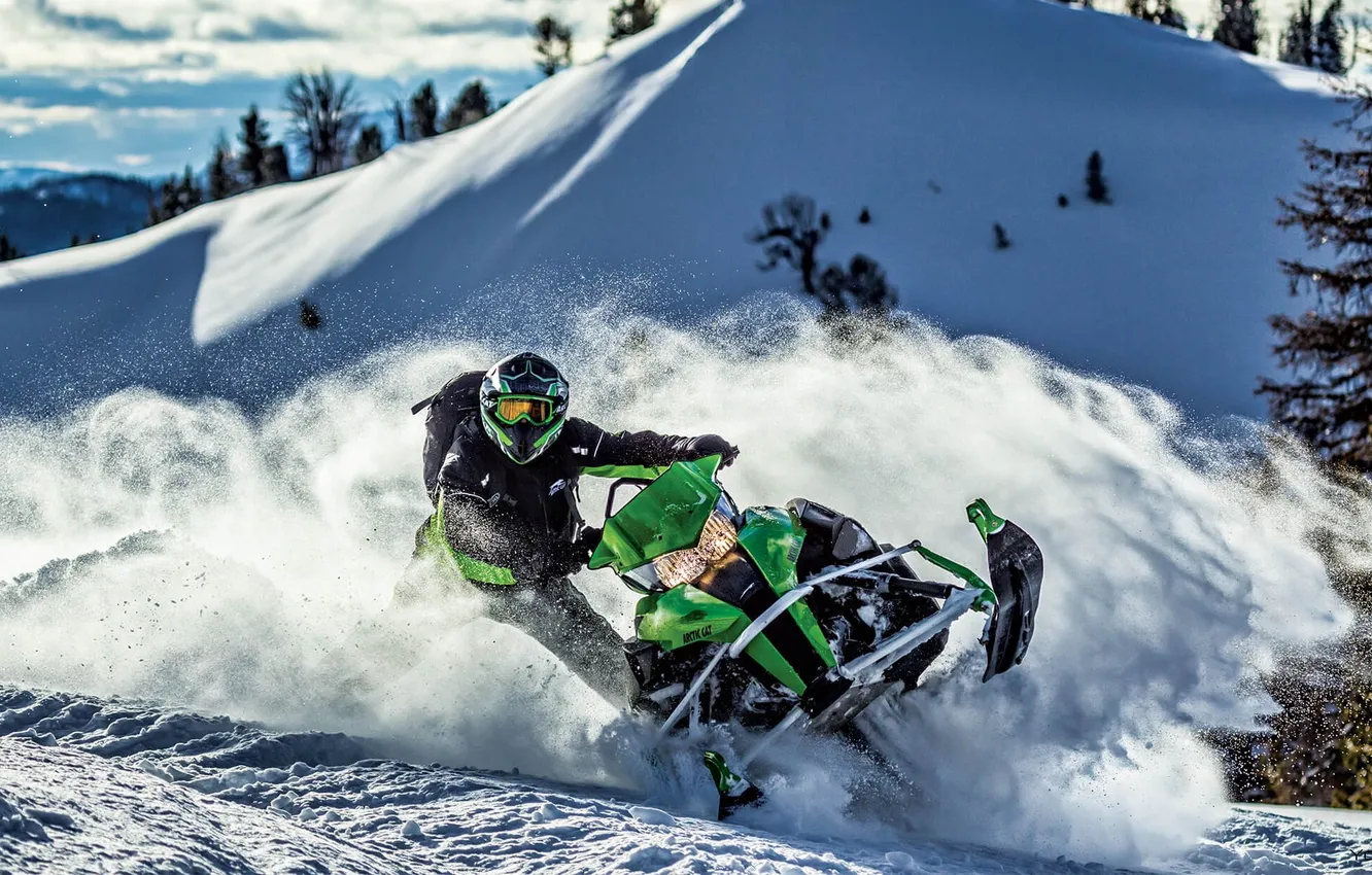 Photo wallpaper winter, forest, the sky, clouds, snow, race, speed, forest