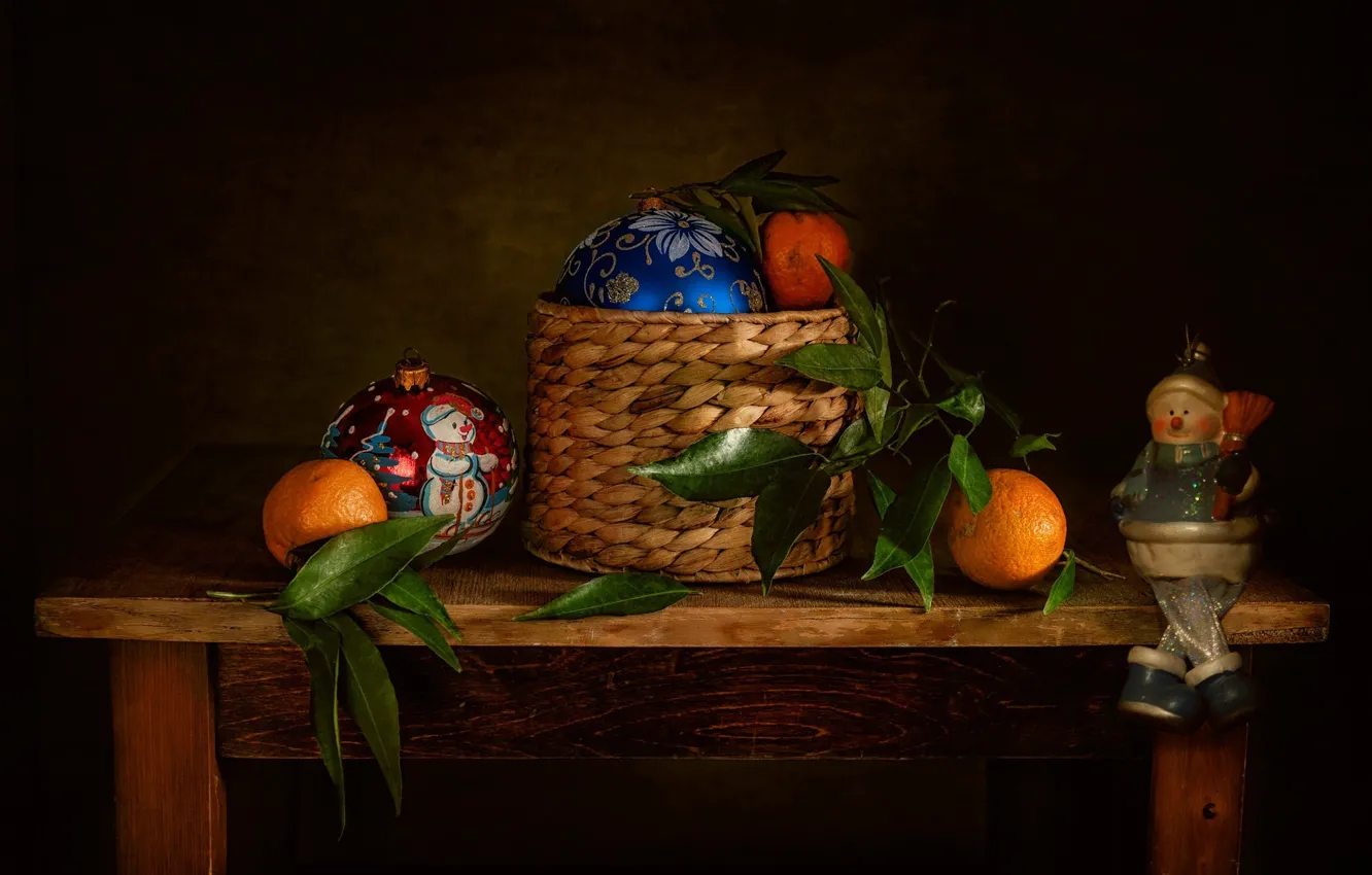 Photo wallpaper leaves, holiday, balls, basket, toys, new year, table, tangerines