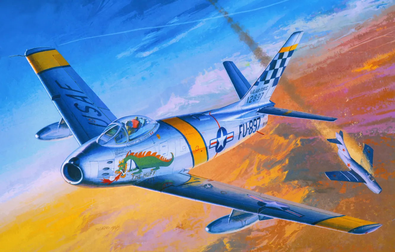 Photo wallpaper the sky, figure, art, American, aircraft, Soviet, The MiG-15, F-86