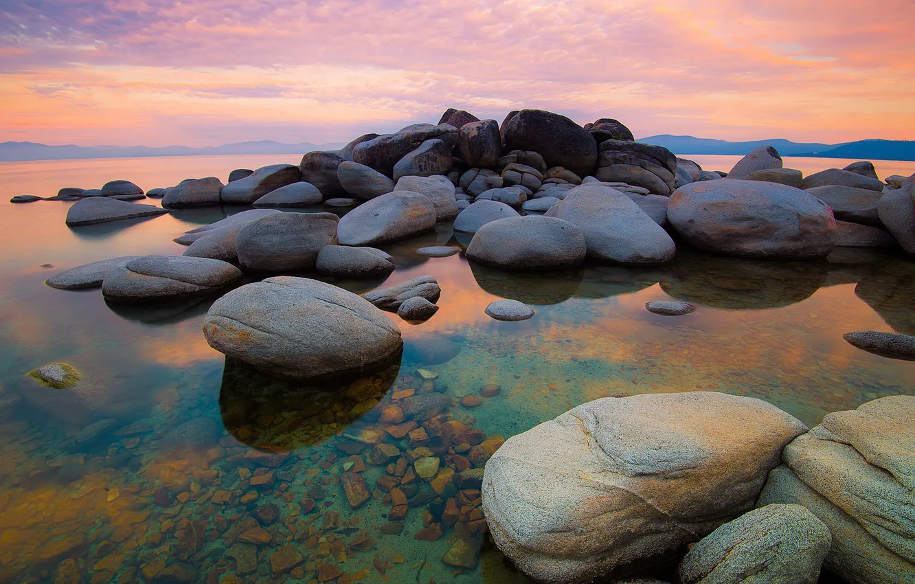 Photo wallpaper the sky, sunset, nature, stones, CA, USA, Nevada, Lake Tahoe