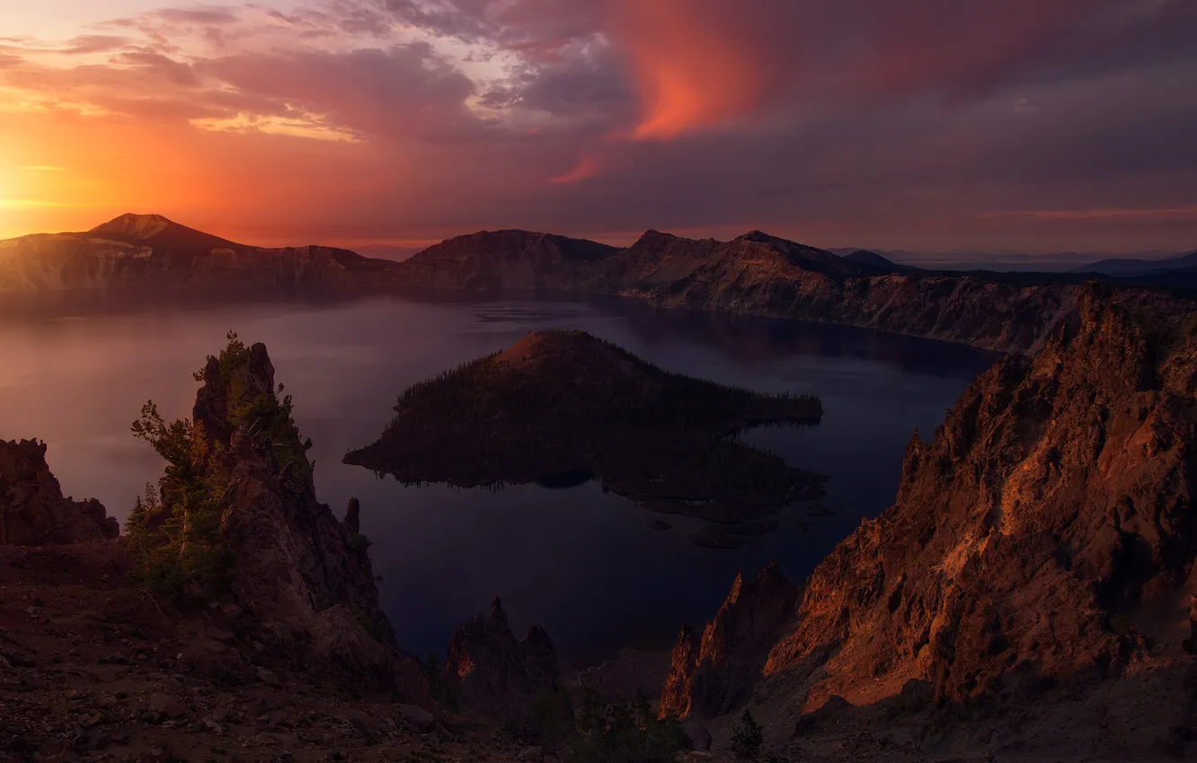 Photo wallpaper sky, water, park, mountains, lake, national, reflection, crater