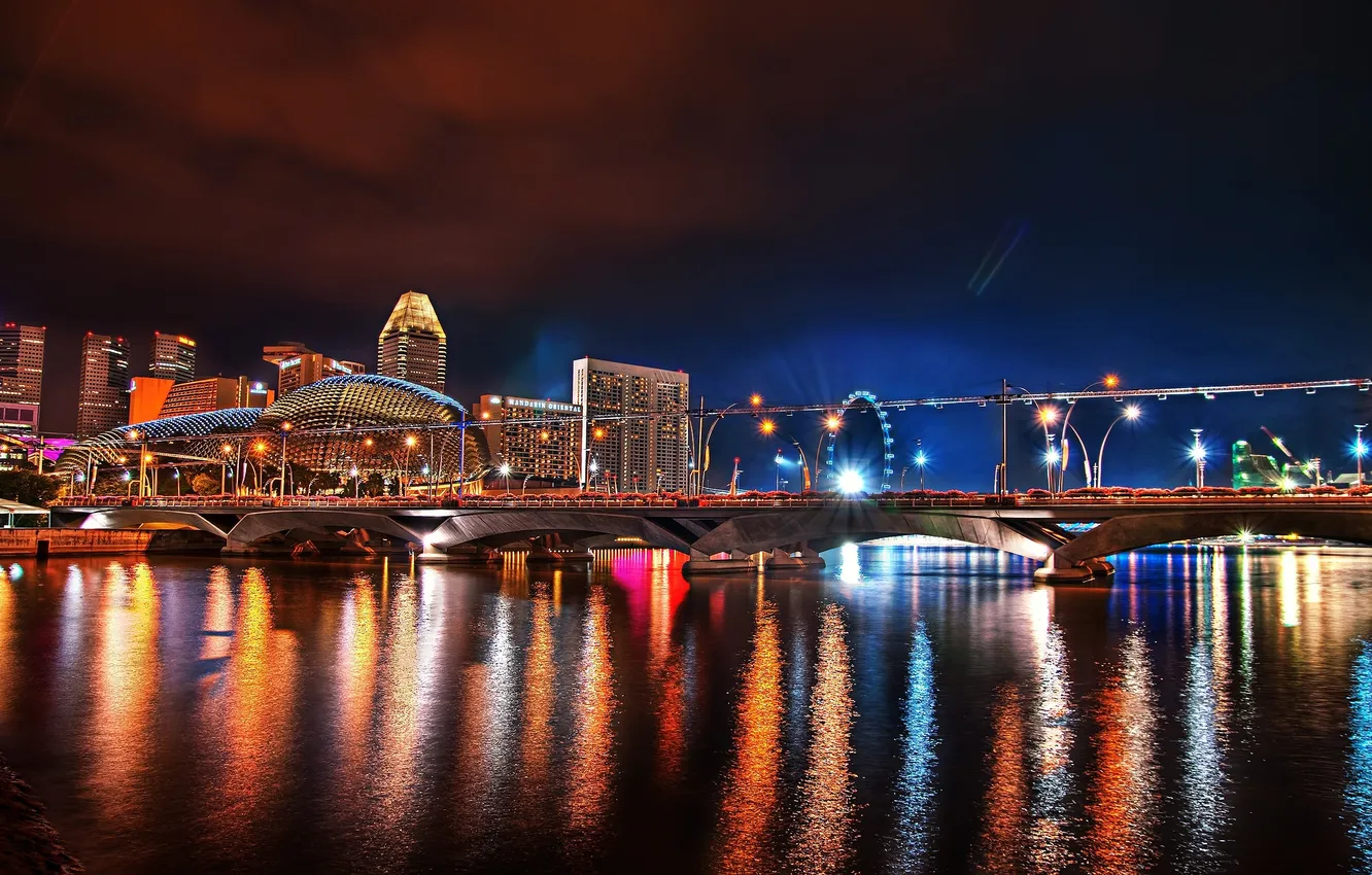 Photo wallpaper bridge, city, home, Singapore, the hotel, night, night, skyscrapers