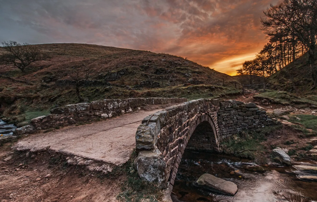Photo wallpaper landscape, sunset, bridge, river