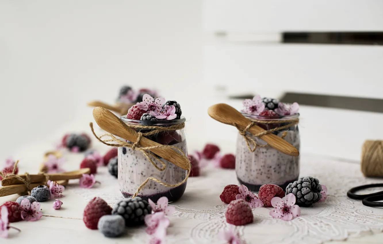 Photo wallpaper flowers, berries, spoon, dessert