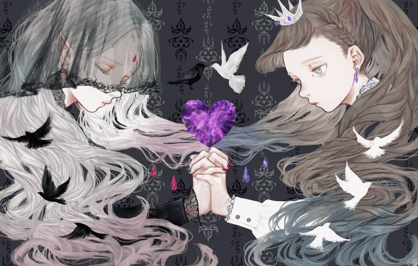 Photo wallpaper girl, bird, heart, elf