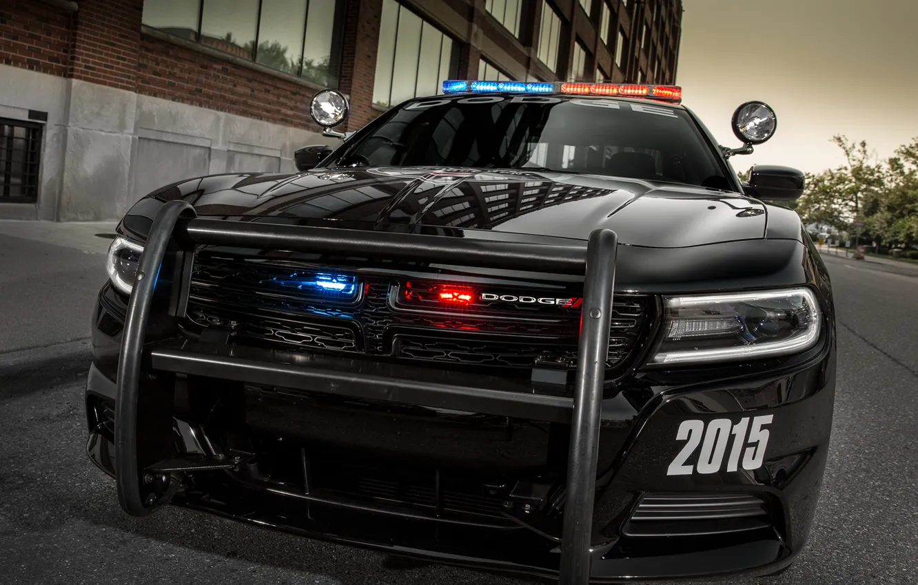 Photo wallpaper Dodge, bumper, Charger, police, Pursuit, flashers, 2015