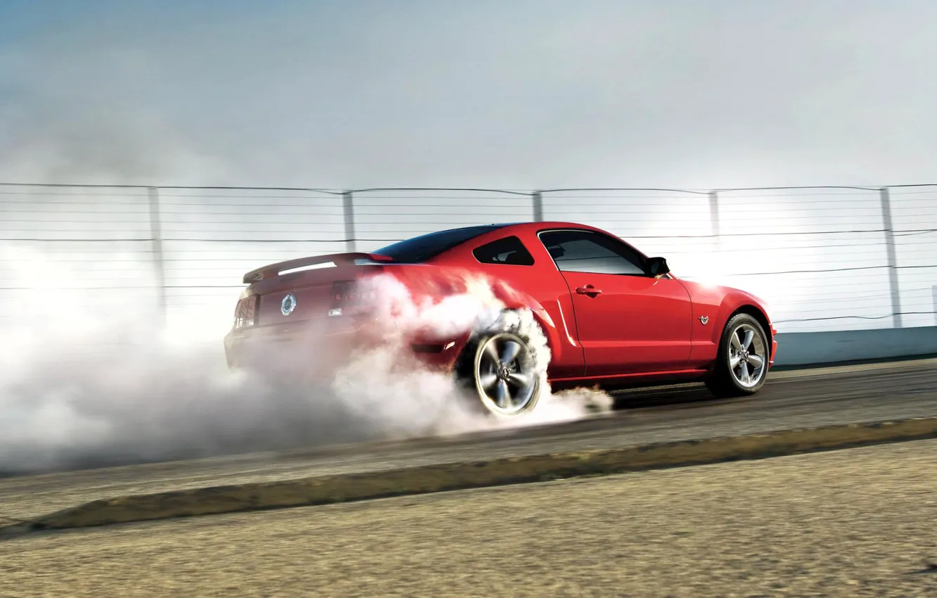 Photo wallpaper red, smoke, Mustang, Ford Mustang