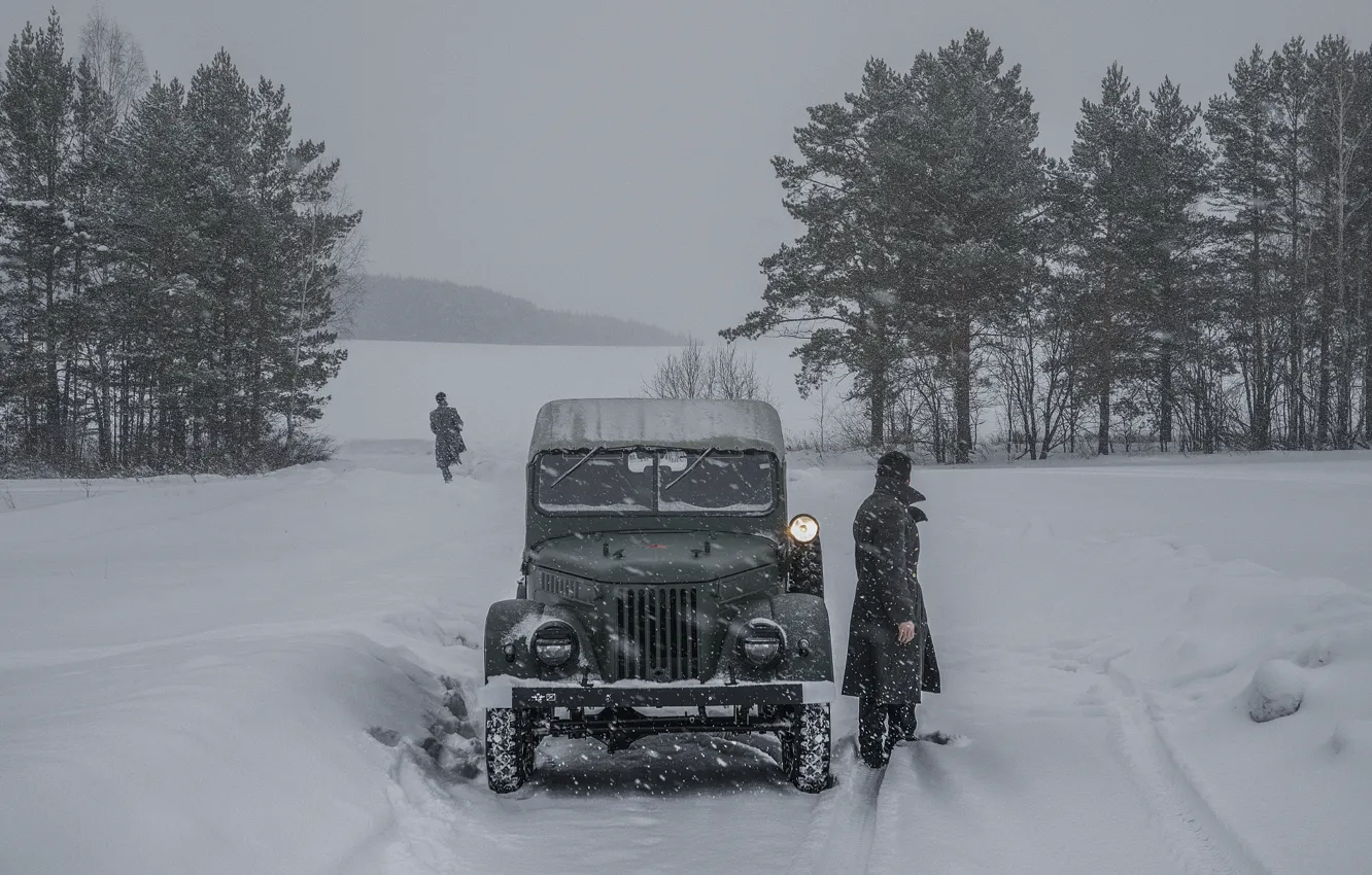 Photo wallpaper road, snow, frost, car, goat, GAZ 69