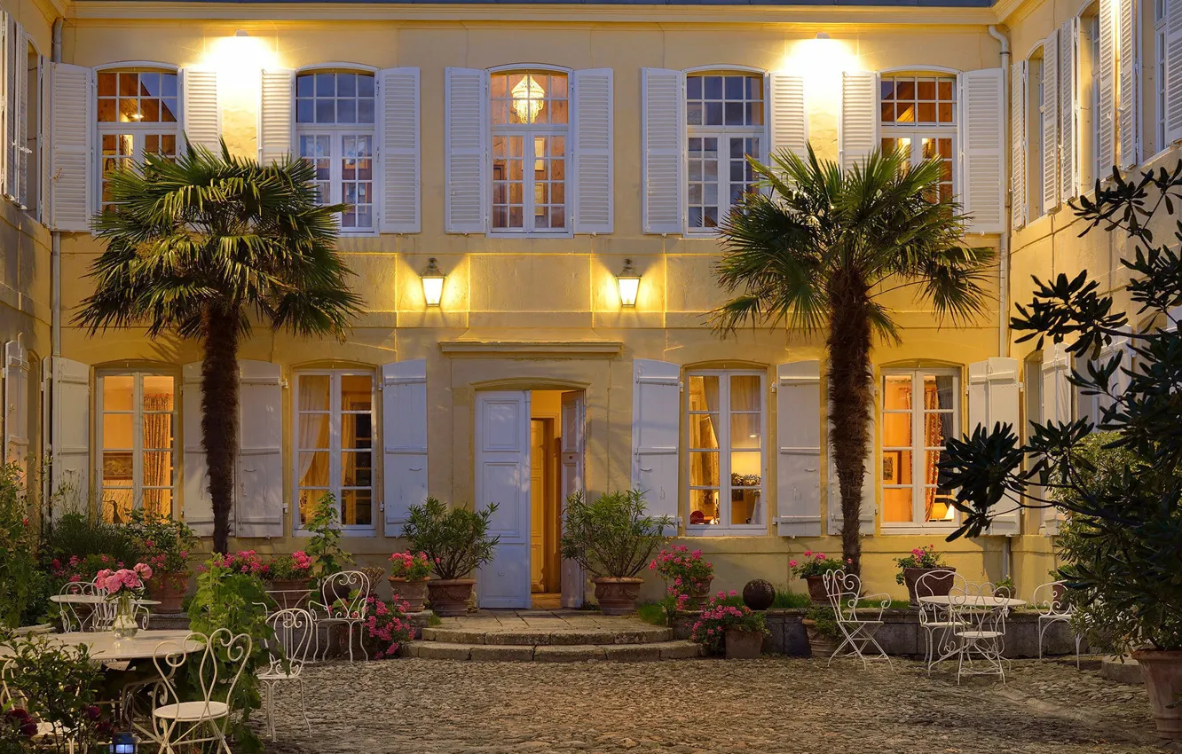 Photo wallpaper flowers, the city, house, palm trees, France, the evening, lighting, restaurant