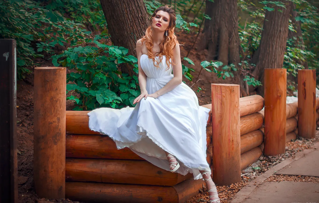 Photo wallpaper girl, trees, nature, dress, red, log, curls, Kerry Moore