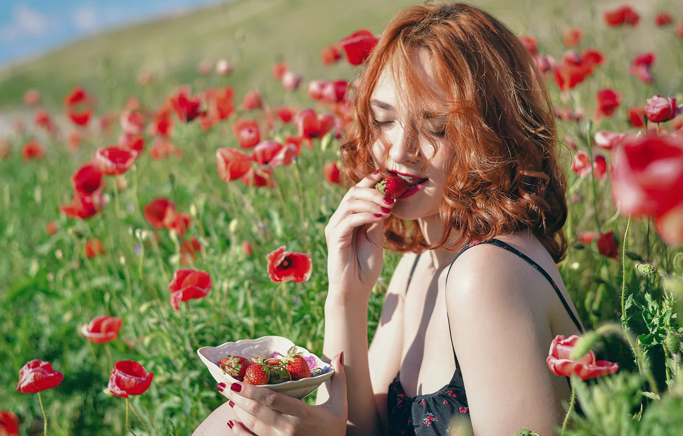 Photo wallpaper summer, girl, light, flowers, red, nature, pose, berries