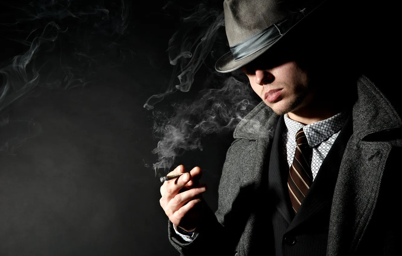 Photo wallpaper smoke, shadow, hat, cigarette, costume, male, jacket, coat
