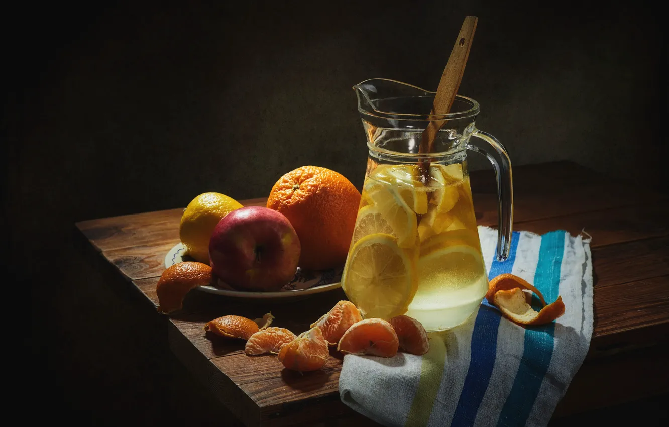 Photo wallpaper light, the dark background, table, lemon, apples, glass, orange, food