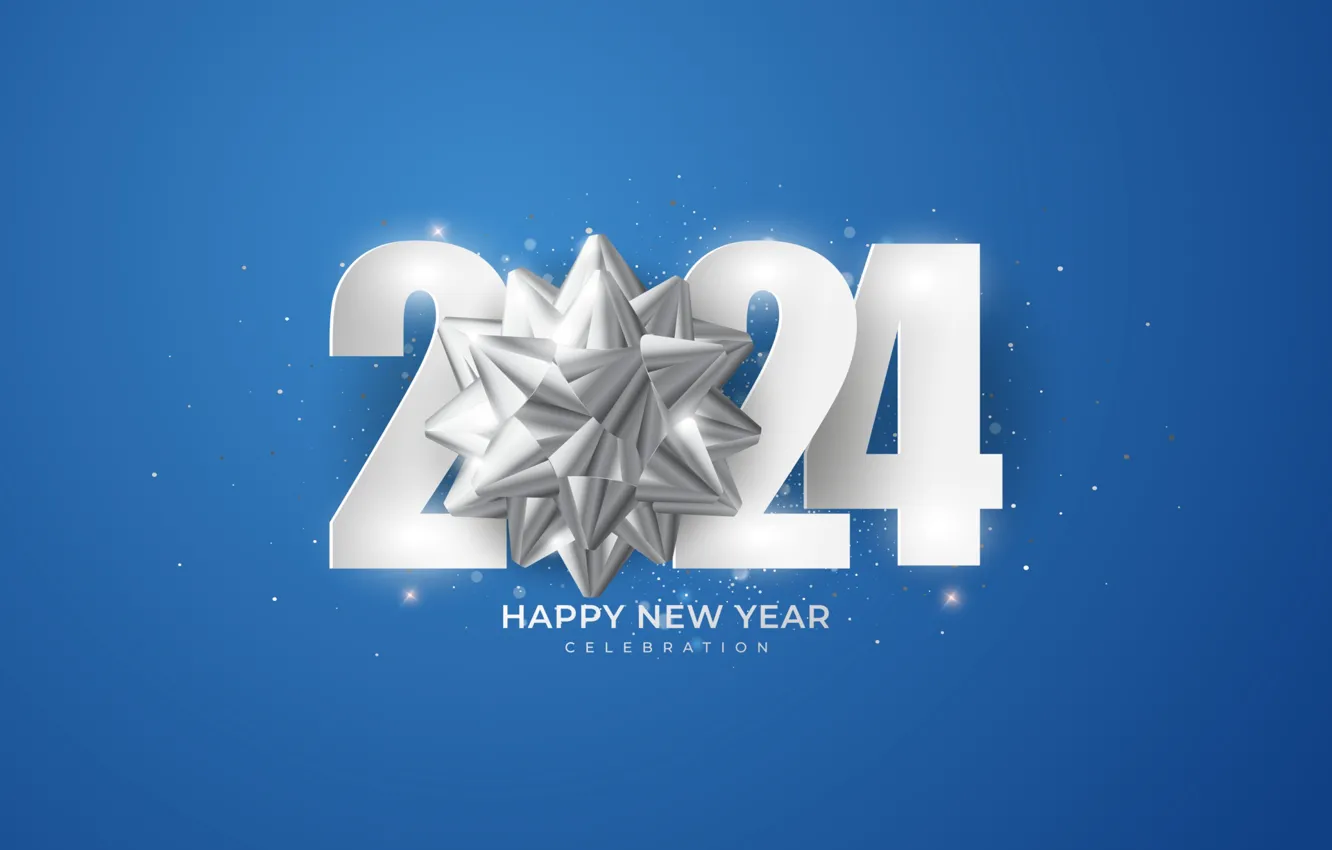 Photo wallpaper new year, silver, figures, white, bow, blue background, date, 2024