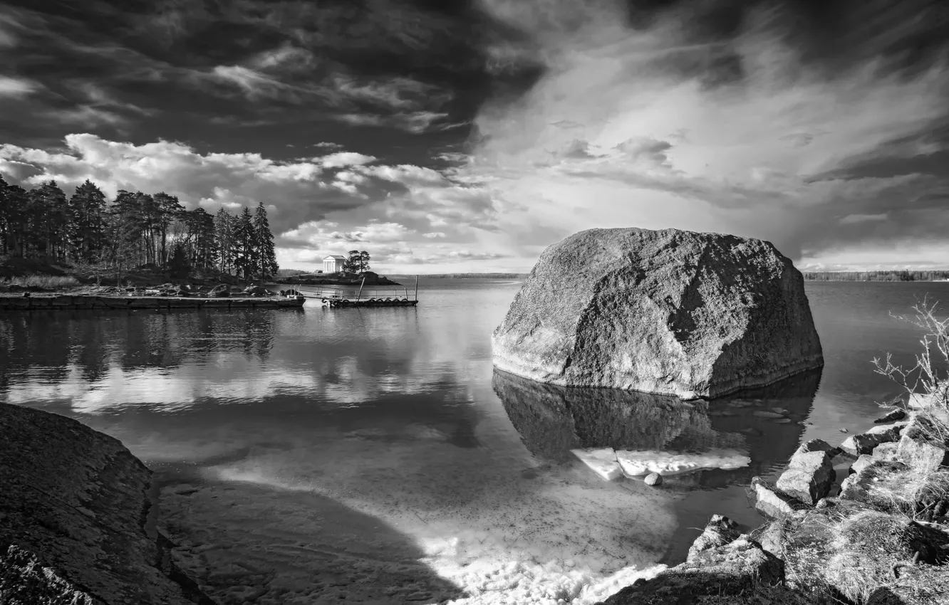 Photo wallpaper lake, shore, stone, monochrome