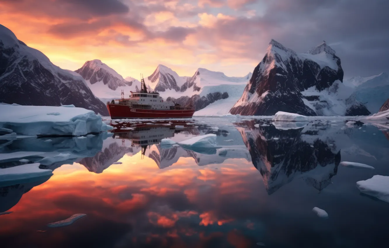 Photo wallpaper winter, clouds, snow, landscape, mountains, nature, reflection, rendering