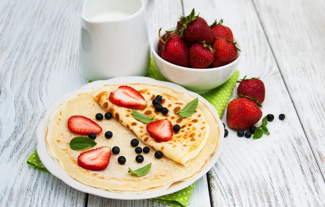 Photo wallpaper berries, table, Breakfast, milk, plate, pancakes, Olena Rudo
