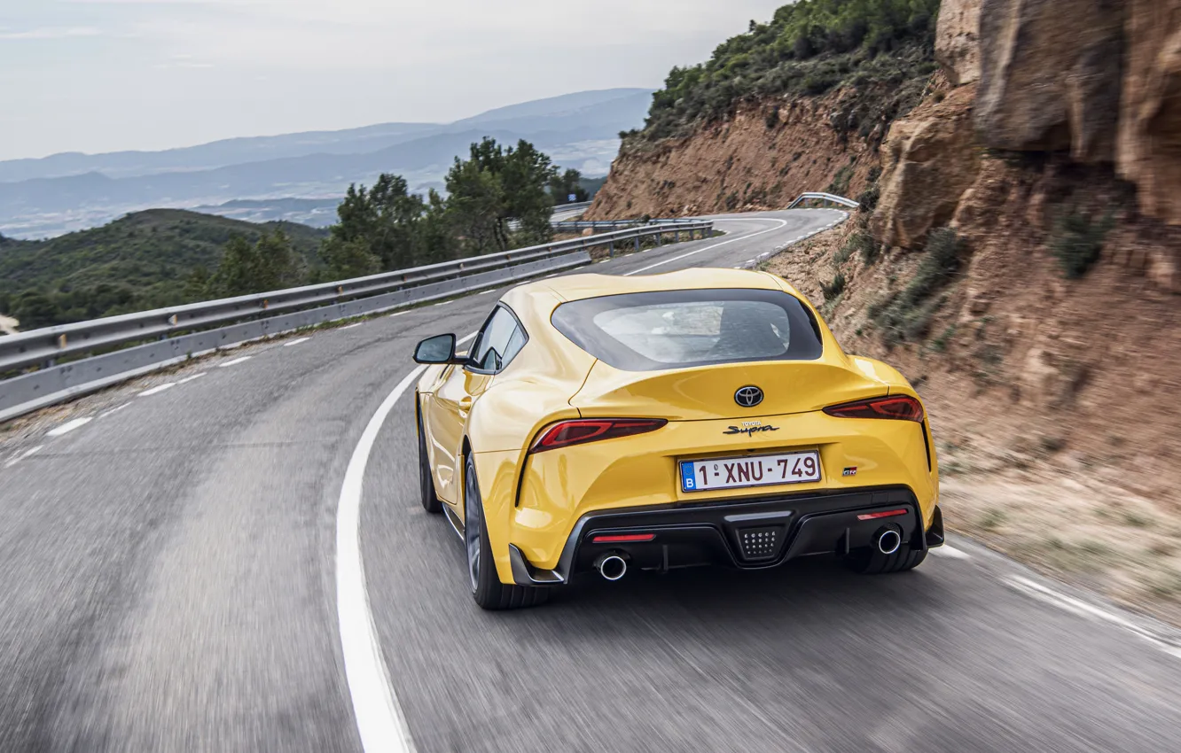 Photo wallpaper road, yellow, coupe, turn, back, Toyota, Supra, the fifth generation
