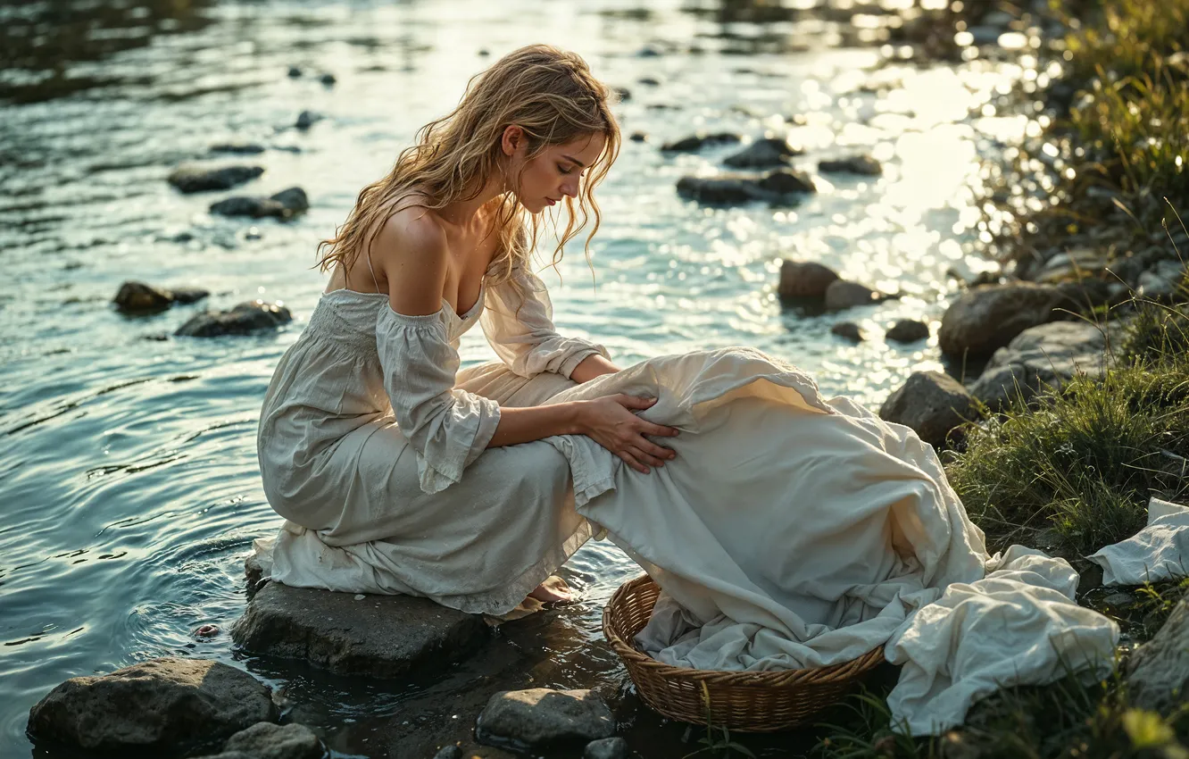 Photo wallpaper water, girl, nature, pose, river, stones, shore, linen