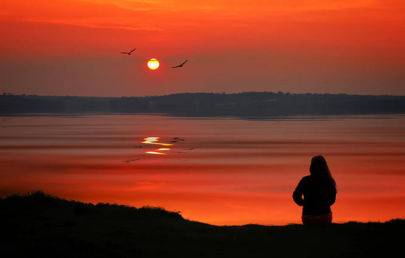 Photo wallpaper girl, sunset, shore, pond
