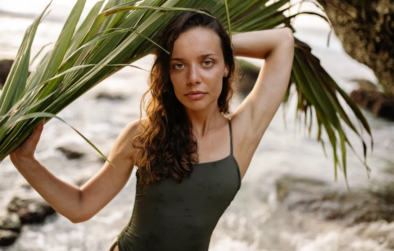 Photo wallpaper green eyes, green eyes, seashore, cute girl, Small Breasts, cute girl, coast, small Breasts