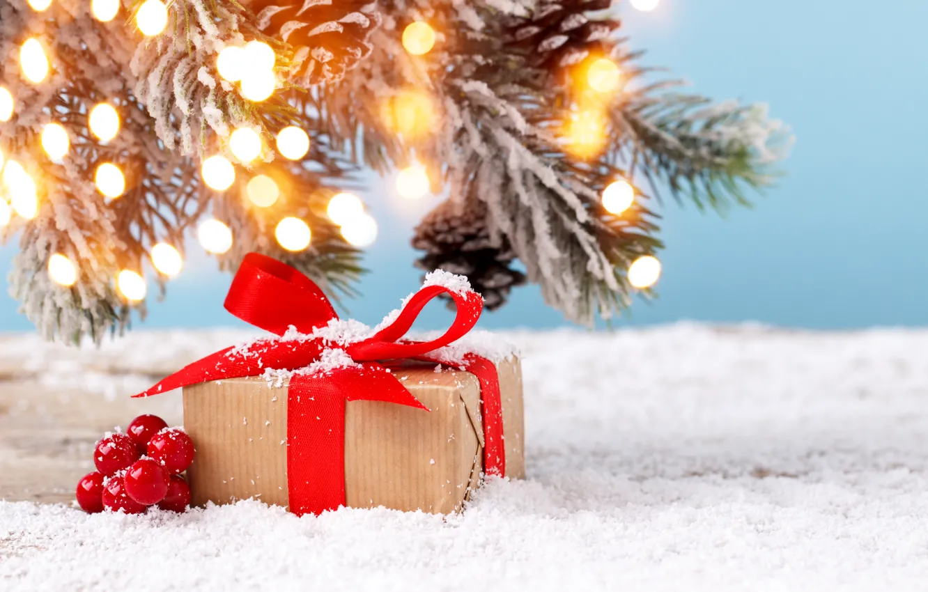 Photo wallpaper winter, snow, decoration, gift, tree, New Year, Christmas, Christmas
