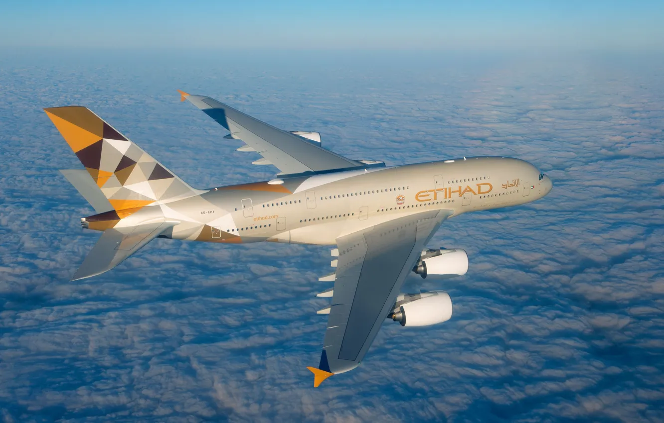 Photo wallpaper Clouds, A380, Airbus, Etihad Airways, Wing, Airbus A380, A passenger plane, Airbus A380-800