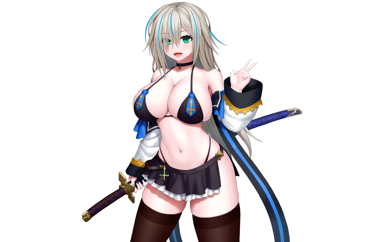 Photo wallpaper girl, sword, sexy, cleavage, thighhighs, green eyes, long hair, boobs