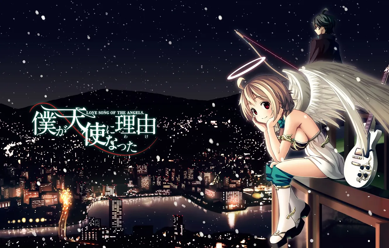 Photo wallpaper the sky, girl, snow, the city, lights, river, guitar, height