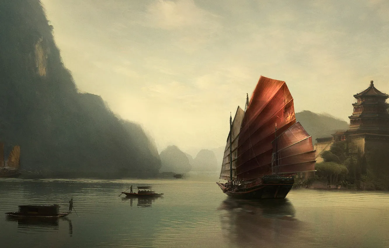 Photo wallpaper Sea, Mountains, River, Ship